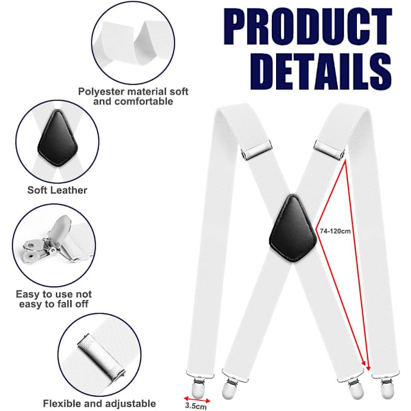 Kestävät Y-muotoiset miesten henkselit, säädettävät 3 vahvalla metalliklipsulla White - Four Clips