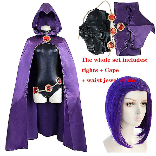 Teen Titans Raven Cosplay Kostume Superhelt Kappe Jumpsuits Zentai Halloween Stramt Tøj + Kappe + Talje Smykkekæde L