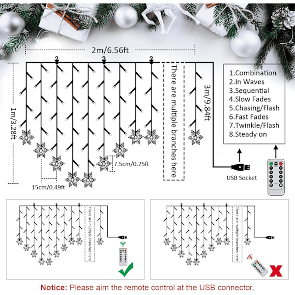 2m x 1m Snefnug Gardin Feelyse, 104 LED'er til Indendørs Julepynt Snöflingor – kall vit Snöflingor \u2013 kall vit