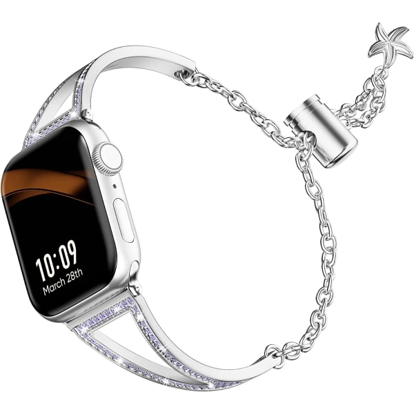 Band kompatibla med Apple Watch Band 38mm 40mm 41mm 42mm Silver med Purple Diamond 42/44/45mm