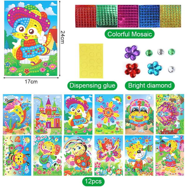 12 stk. Mosaik Sæt til Børn DIY Mosaik Stickers Craft Kit Dyrebilleder Kreativt Craft Kit