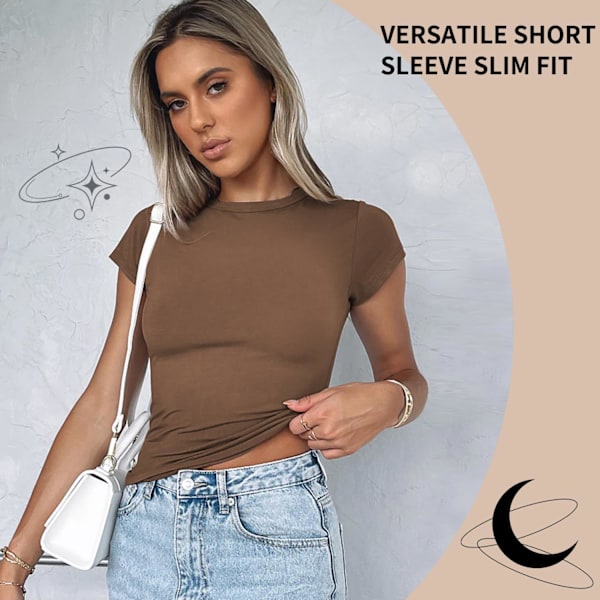 Basic slim fit t-shirt til kvinder, skims Y2K top dupe, crop tops kvinder, magfri top kvinder, basic crop tops casual atletisk top teen streetwear, Y2K skjorte BRUN M