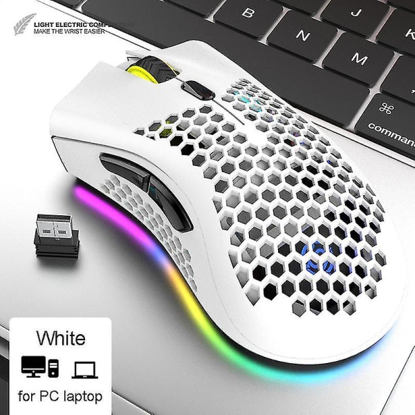 Lättviktsuppladdningsbar Rgb Led Optical Honeycomb Spelmöss 1600dpi Hollow-out 2,4g USB trådlös mus för PC Laptop Vit