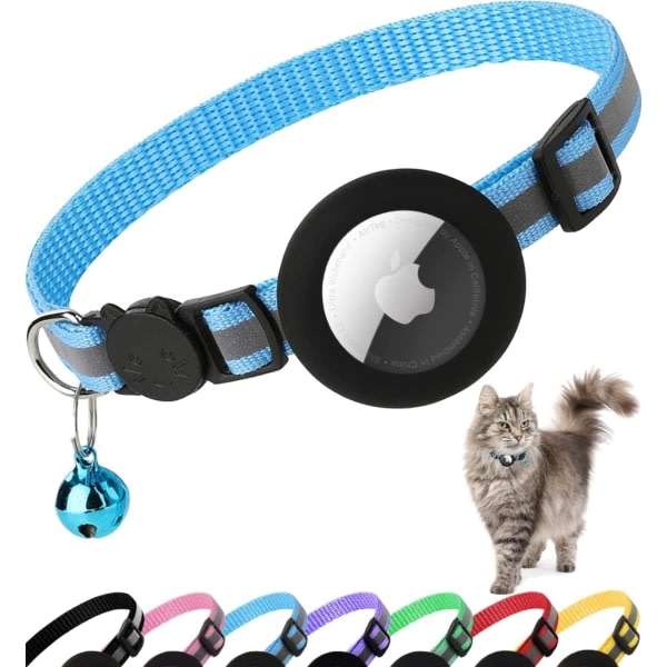 AirTag katthalsband Breakaway, reflekterande kattungehalsband med Apple Air Tag-h?llare och klocka f?r pojkekatter, 0,4 tum i bredd och l?tt (bl?)
