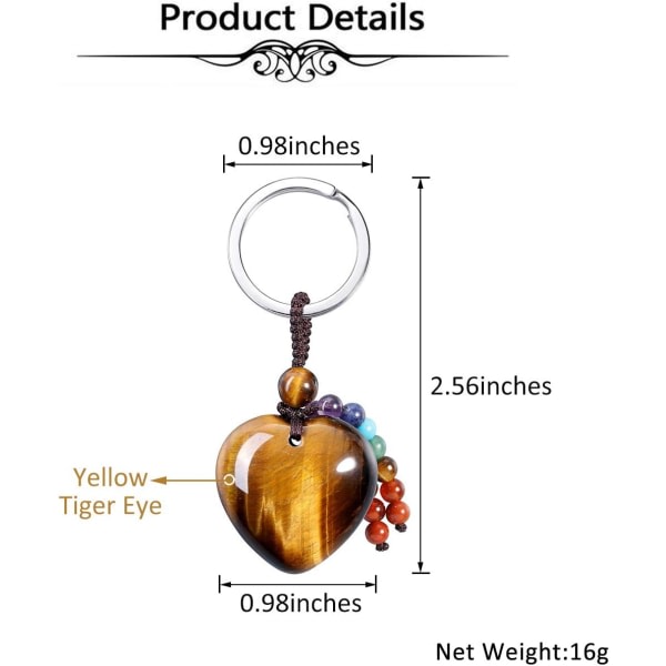 Naturlig Tiger Eye Heart Crystal Nyckelring 7 Chakra Healing Gemstone Key Ring Charm f?r kvinnor