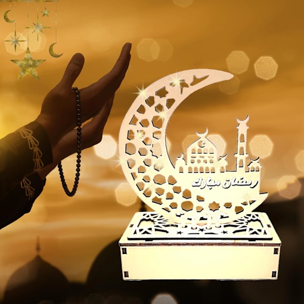 Wooden Ramadan Lantern, Moon & Star Design, Eid Mubarak LED Decoration