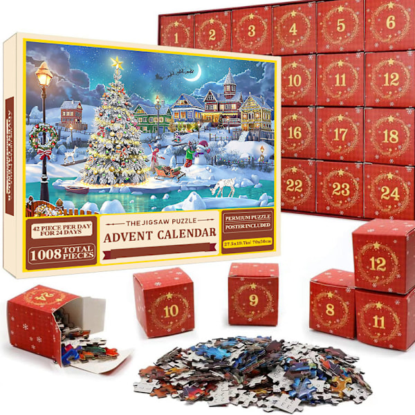 Luova adventtikalenteri 24 laatikkoa Paper Puzzle Yllätys Blind Box Punainen lahja Souvenir Joulu Countdown 1008 pieces   09