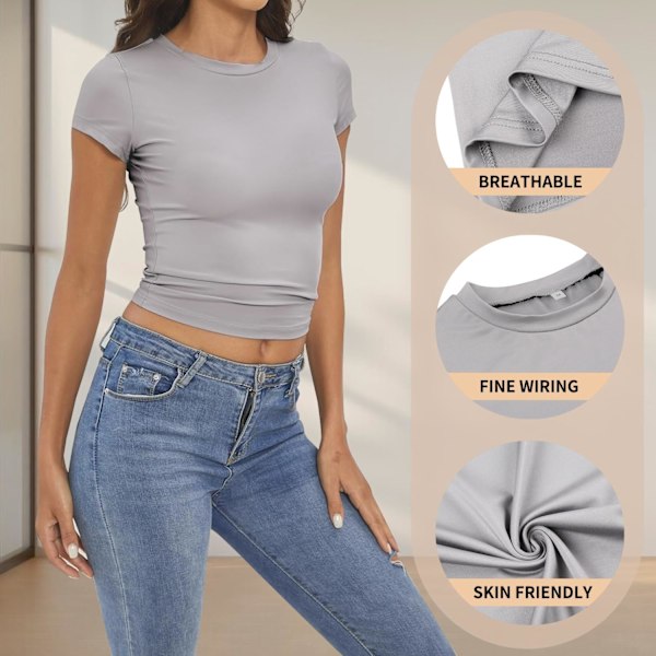 Basic slim fit t-shirt til kvinder, skims Y2K top dupe, crop tops kvinder, magfri top kvinder, basic crop tops casual atletisk top teen streetwear, Y2K skjorte LJUSGRÅ M