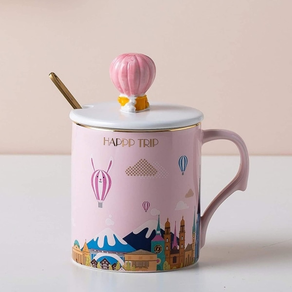 13,5 oz 3d tecknade keramiska kaffemuggar med varmluftsballonglock och gyllene sked Morgonmjölk Tekoppar Rosa söt mugg för kvinnor Flickor Presenter