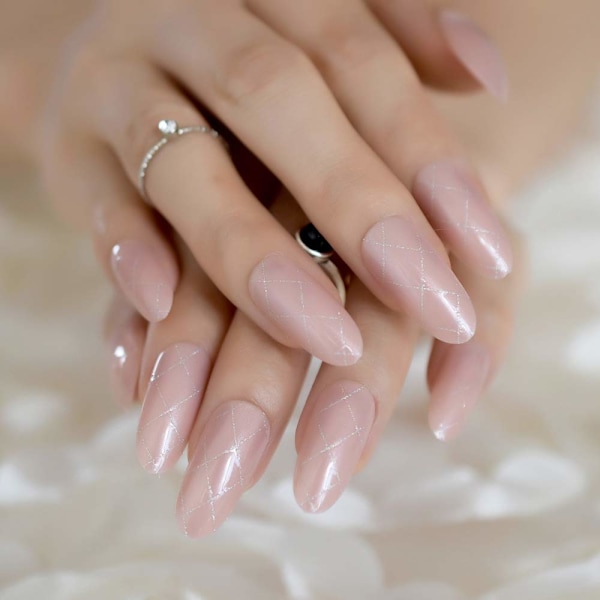 Sexede strømpebuksmønster falske negle beige naturlige lange tryk på negle gel glans manicure tips