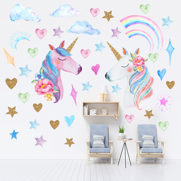 3 unicorn wallstickers, stor regnb?ge unicorn star heart wall de