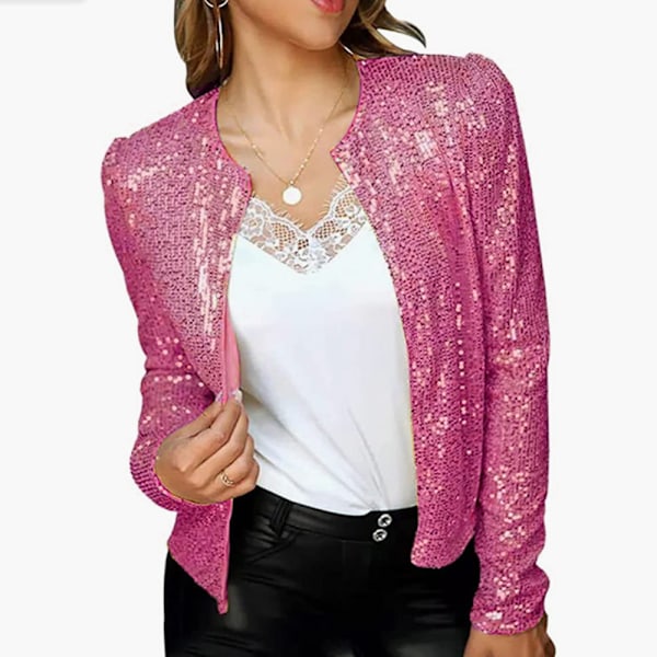 Kvinders Casual Åben Front Sequin Jakker Glitter Frakker Rose Rose M