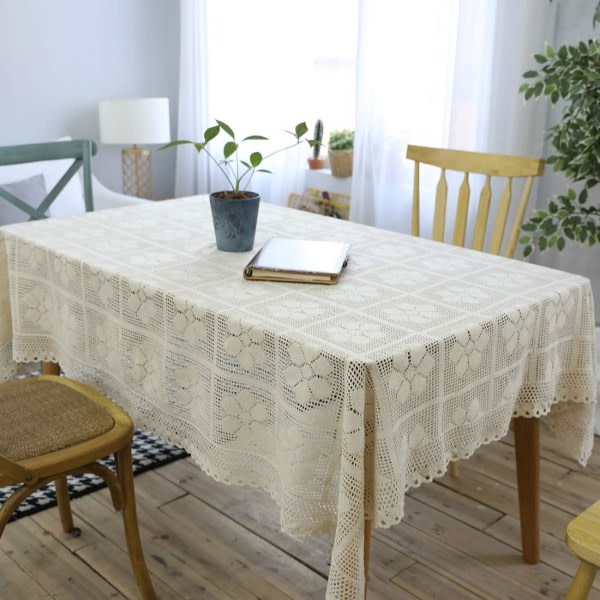 Rustik handgjord virkad blommig bordsduk Dekorativ blomma cover f?rk?ket Dining Br?llopsfest dekoration (beige, 55"x79")