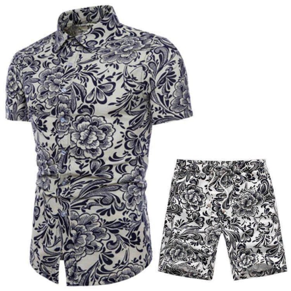 Tv?delad tr?ningsoverall f?r m?n, blommig hawaiisk skjorta med kort?rmade skjortor och shorts Grey L Cherry