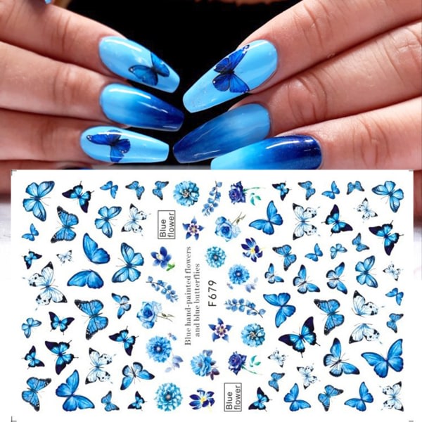 8 ark Blue Butterfly 3D Nail Art Stickers för DIY