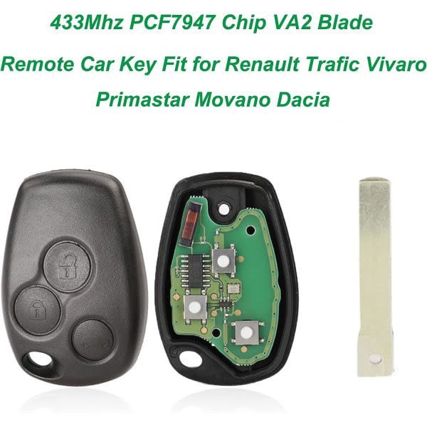 Nyckel oklippt 3 knappar 433 MHz fj?rrkontroll bilnyckel kedja f?r Renault Trafic Vivaro Primastar Movano Dacia PCF7947 chip