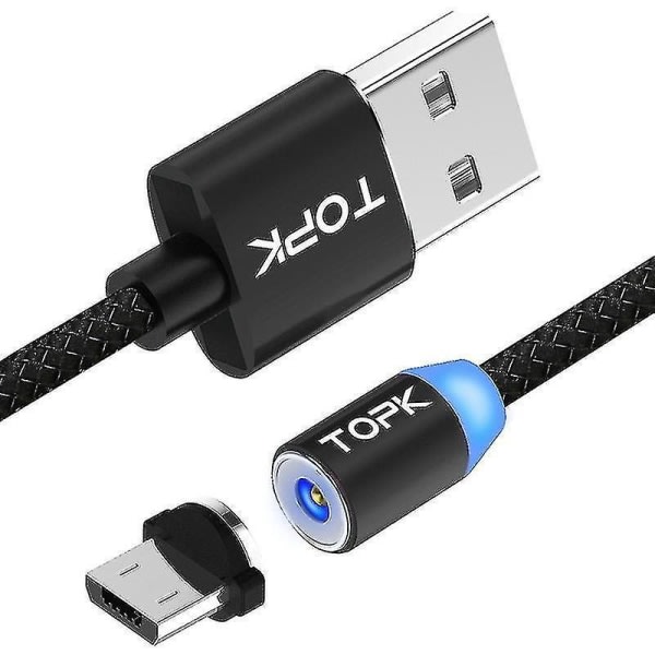 TOPK 2m 2.1A utg?ng USB till Micro USB Mesh fl?tad magnetisk laddningskabel med LED-indikator (svart)