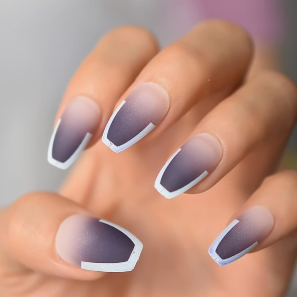 Matte Press On Nails Coffin Pre Designed Medium Length Gradient Fake Nails Set Ombre Nude Purple Fingernail Reusable French Tips