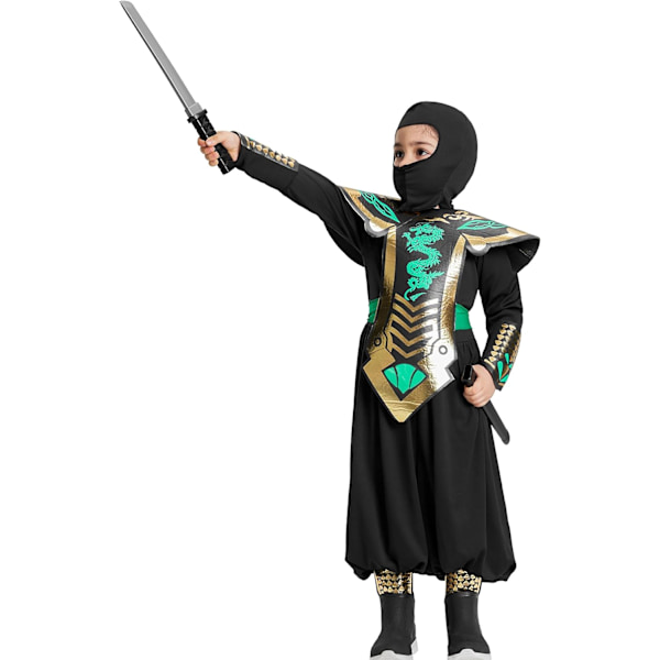 Ninja-kostym för pojkar Halloween Samurai-kostym Kostym Svart Rollspelskostym med skumväst Grön 7-8 ans