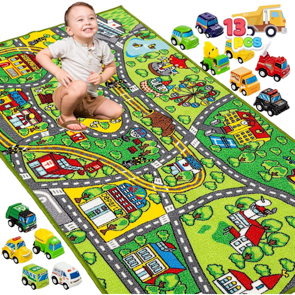 Carpet Play Mat 12 Cars Pull Back Vehicle Set For Kids Age 3+ Jumbo Playroom Rug City Pretend Play