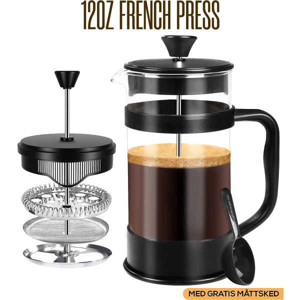 French Press Kaffebryggare - B?rbar kafé m. tre filter - V?rmebest?ndigt glas, rostfritt st?l - Stor karaff - 350 ml - Svart