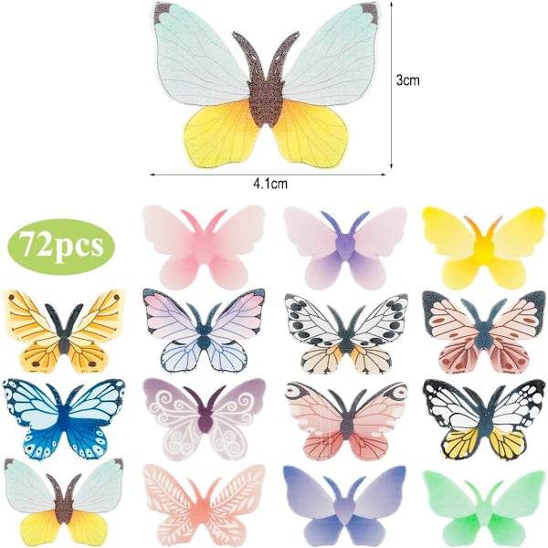 72 stykker fargerike sommerfugler - kakedekorasjon, sommerfugltopper, dekorasjon, cupcake-dekorasjon Färgglad fjäril-a