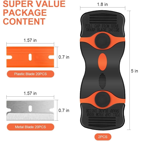pcs. Glasskraber, med 40 udskiftelige skraberblade, multifunktionel, til rengøring af etiketter, dekaler, gummibånd, glasmaling (orange - dobbeltkop) Orange - Double head 2 pcs