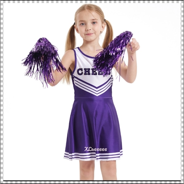 Jente Cheerleading-kostymer for barnehage, små jenter, cheerleading-uniformer, sceneopptreden, skolecheerleading-kostymer 紫色+啦啦花 身高110cm