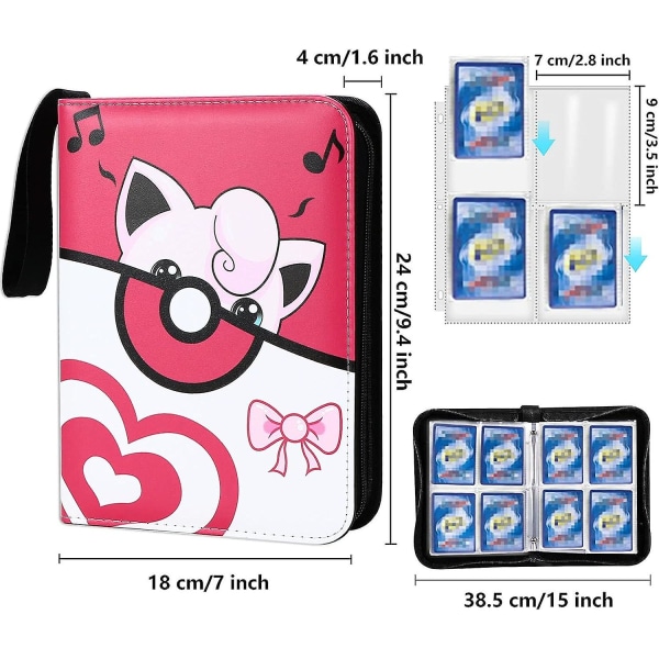 Samlarkortspärm 4 fickor - 400 fickor Kortmapp för Pokemo N med 50 avtagbara ärmar Samlarkortshållare med blixtlås Album -rosa