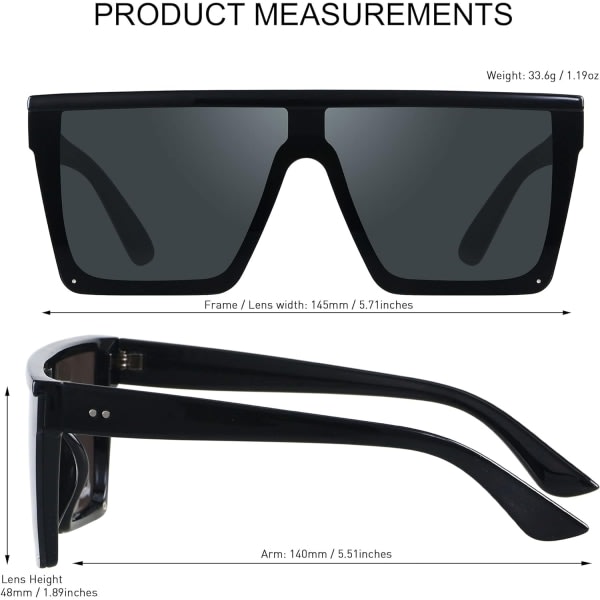 Fyrkantiga överdimensionerade solglasögon för kvinnor män Big Flat Top Fashion Shield Stora UV-skydd Kantlösa nyanser B B