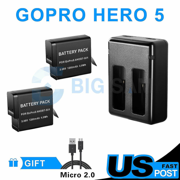 2 X Ahdbt-501 501 1280mah + USB Dual Charger Dock för Gopro 5 Hero5 D