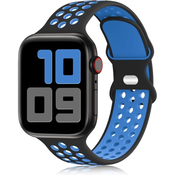 Sportband kompatibelt f?r Apple Watch -band, andningsbart mjukt silikon sportrem, damer, m?n, sportutg?va (svart+bl?, 42/44 mm)