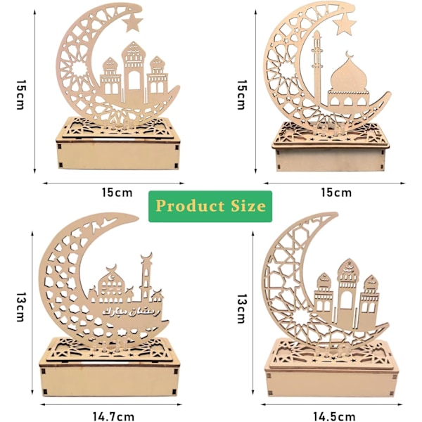 Ramadan LED-lamppu, Eid Mubarak -koriste, Puinen Kuu ja Tähti Lyhty Mått: