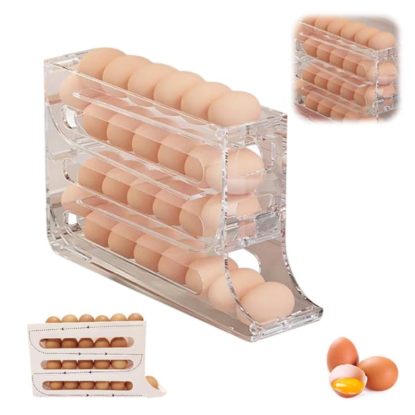 4-vånings ägghållare för kyl, äggautomat Automatisk rullande äggbricka Förvaring 30 äggbehållare Platssparande äggrulle för kyl White