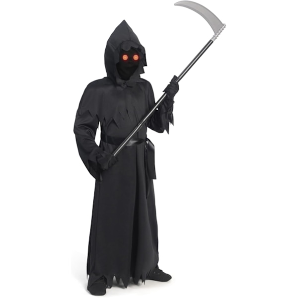 Barnekostyme, unisex, svart Grim Reaper, skummelt spøkelseskostyme med hansker, ljå og lysende briller for gutter, Halloween-utkledning, rollespill Large ( 10- 12 yrs)