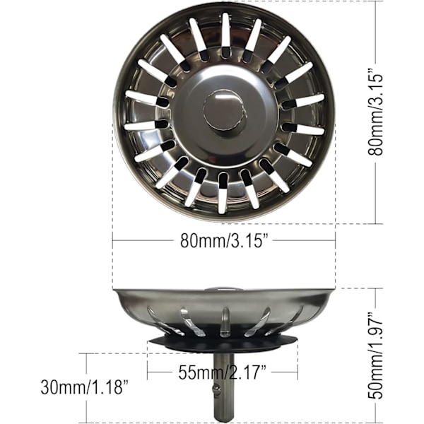 Ruostumattomasta teräksestä valmistettu keittiöallassuodatin, 80 mm tulppa keittiöallasille, 1 kpl 1 Bitar