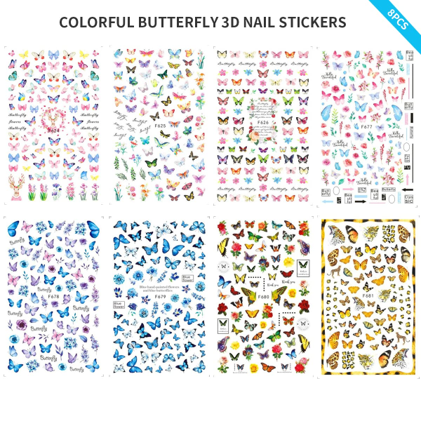 Butterfly Nail Art Stickers Dekaler 3D sj?lvh?ftande Nagel Dekaler Nail Art Supplies F?rgglada Butterfly Flower Nageldekorationer