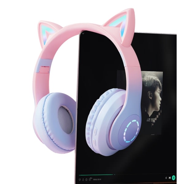 Gaming Headset Tr?dl?sa Bluetooth -h?rlurar Cat Ear Headset vit rosa körsbär