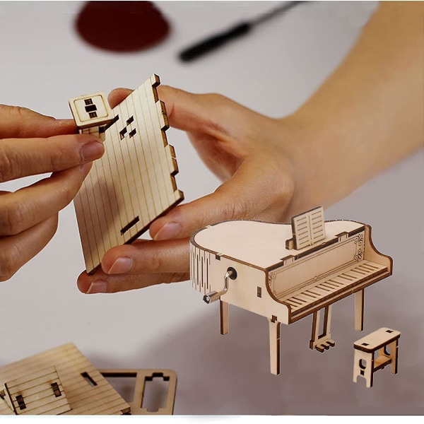 Gör-det-själv-musikdosa 3d träpusselmodellsats - Piano, handvevgraverad musiklåda, hjärngyckel och pedagogisk stambyggande gör-det-själv-kit (piano)