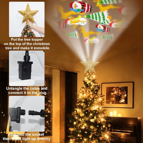 Xmas Tree Topper, LED Julgran Topper med projektor för julgransdekorationer (Gold Christmas Tree Star)