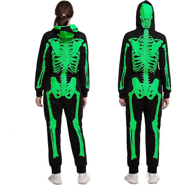 Unisex Skelett Onesie Pyjamas Plysch Skelett Jumpsuit Dragkedja Halloween Hoodie Pyjamas för Vuxna Nattkläder Kostym gRÖN L