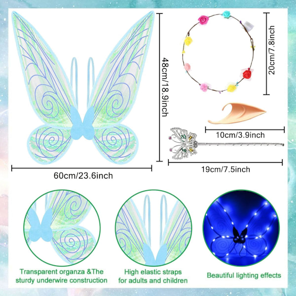 Glimtende Fe-vinger for Voksne, LED-Hodebånd og Tryllestaver for Fe-Temafester Trollslända blå Trollslända blå
