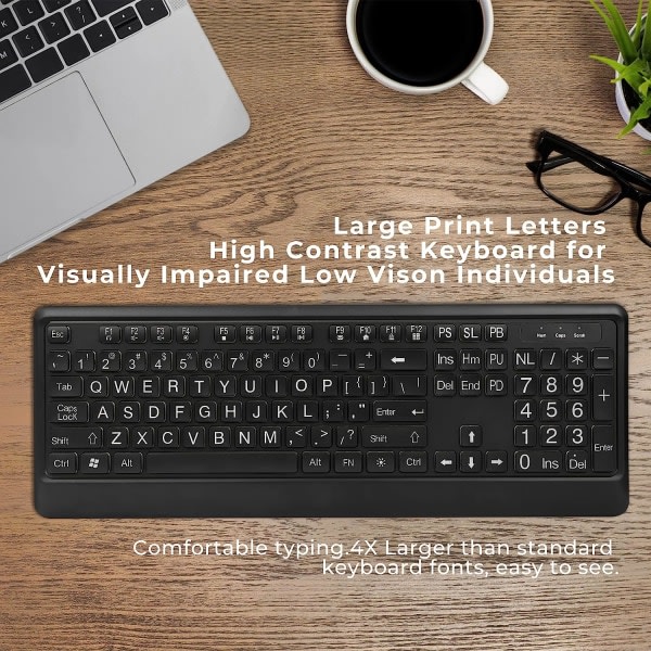 Bakgrundsbelyst tangentbord med stort print tyst USB trådbundet datortangentbord fullstort tangentbord med vit upplyst LED kompatibel för Windows Laptop