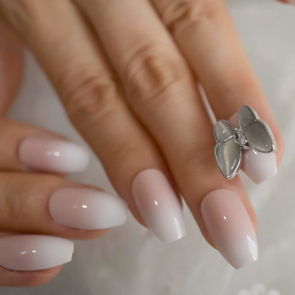 Jelly Butterfly Designed False Nails Pink White Ombre Medium Press On Fingernails Perfect Color Faux Ongles