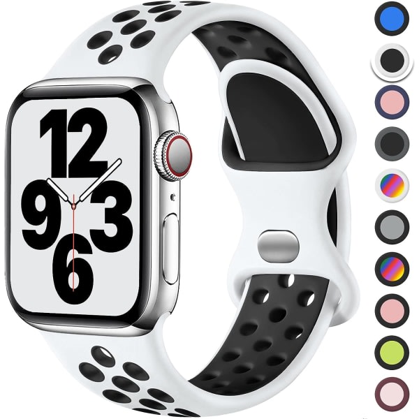 Vit svart sportrem kompatibel med Apple Watch -rem 38/40/41 mm, ventilerande silikonband med dubbelt h?l, f?r iWatch Series 7 6 5