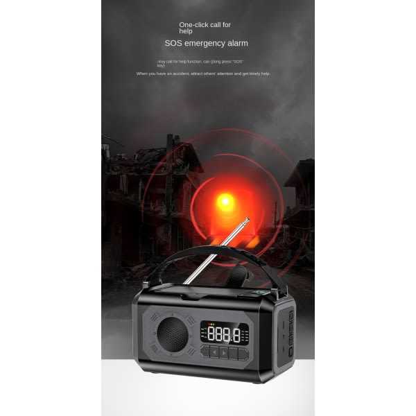 Nödhandvevsradio - inbyggd ficklampa, solcell, 12000mAh Power Bank Black Black