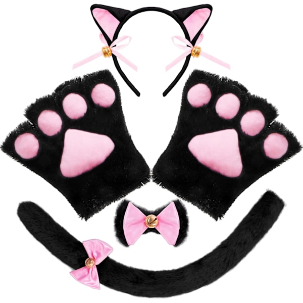 5pcs Costume Accessories with Cat Ears Headband Paw Gloves Bow Tie Tail for Adult Kids Cosplay Halloween Party Dress Up Set