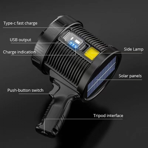 Multifunktionell ficklampa, bärbar utomhuslampa för solenergi, högeffektsbelysning, laddningsskatt, sökljus med starkt ljus