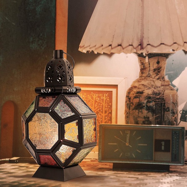 Retro järnljuslykta, bärbar marockansk smidesjärn, målat glas ljushållare Hänglampa Häst Lätt vindlykta för heminredning Ramadan Bl