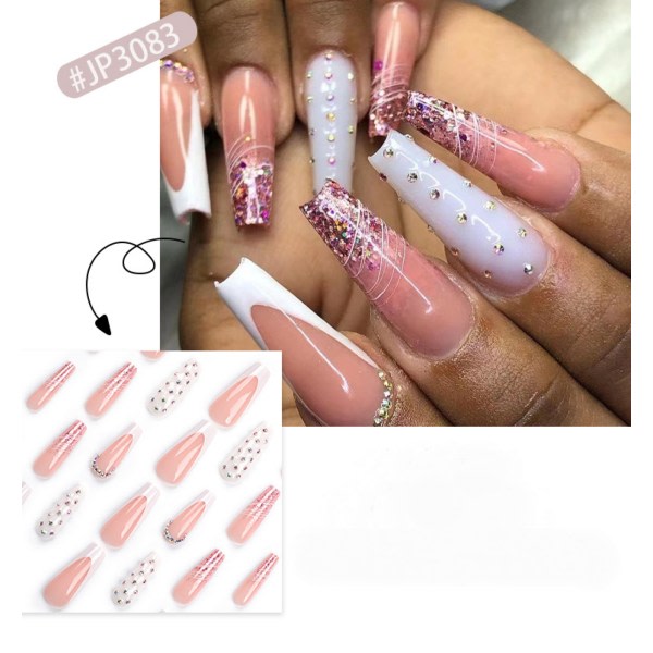 Påtryckande naglar medelstor design, långa falska naglar mandel french gel set, nagelfil med självhäftande etiketter Limtyp Glue type